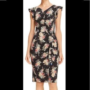 Rebecca Taylor Wool Blend Dress Size Medium** Floral Black Ruffle Bouquet Knee